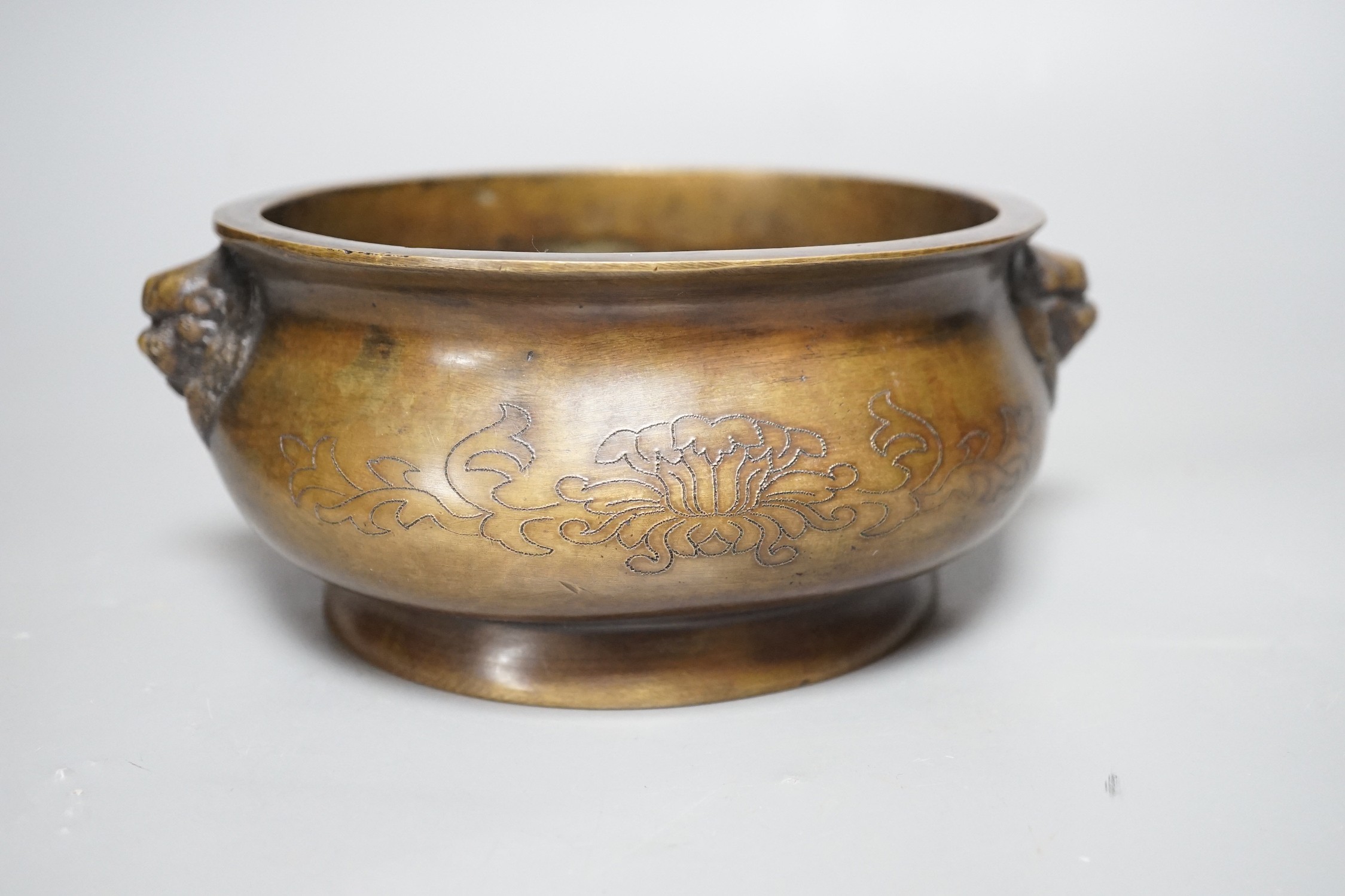 A Chinese bronze censer, Xuande inscription mark, 19cm
